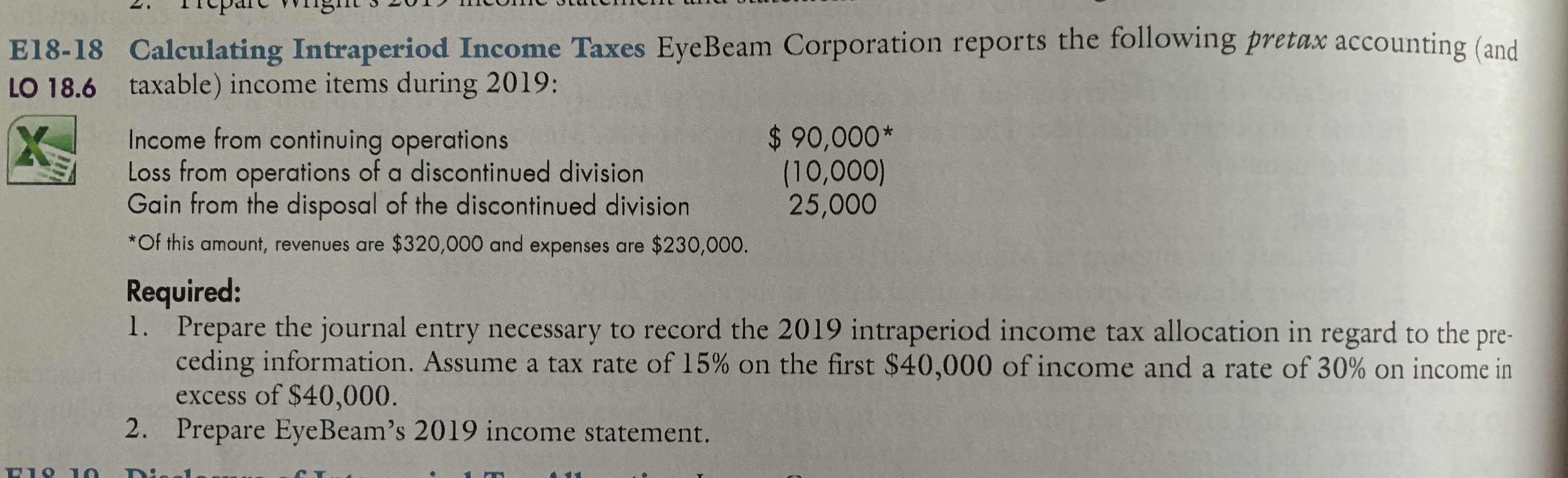 Tiepare vVITgm
E18-18 Calculating Intraperiod Income Taxes EyeBeam Corporation reports the following pretax accounting (and
LO 18.6
taxable) income items during 2019:
Income from continuing operations
Loss from operations of a discontinued division
Gain from the disposal of the discontinued division
$ 90,000*
(10,000)
25,000
*Of this amount, revenues are $320,000 and expenses are $230,000.
Required:
1. Prepare the journal entry necessary to record the 2019 intraperiod income tax allocation in regard to the pre-
ceding information. Assume a tax rate of 15% on the first $40,000 of income and a rate of 30% on income in
excess of $40,000.
Prepare EyeBeam's 2019 income statement.
2.
