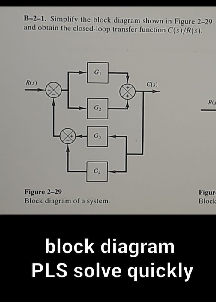 B-2-1. Simplify the block diagram shown in Figure 2-29
and obtain the closed-loop transfer function C(s)/R(s).
R(s)
5
G
Figure 2-29
Block diagram of a system.
C(s)
block diagram
PLS solve quickly
R(s
Figur
Block