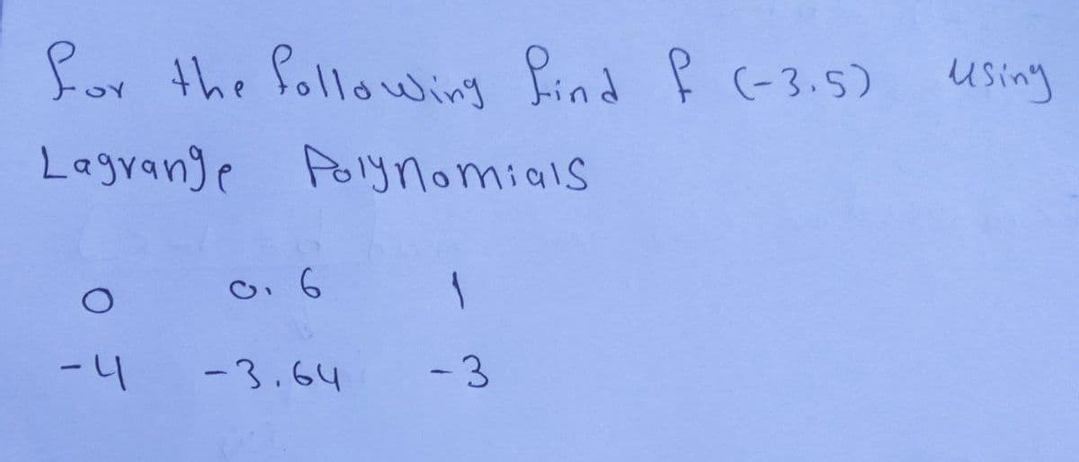for the following find f (-3.5)
Lagrange Polynomials
O
-4
0.6
-3.64
1
-3
using