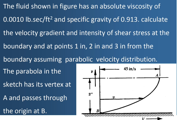 The fluid shown in figure has an absolute viscosity of
0.0010 Ib.sec/ft² and specific gravity of 0.913. calculate
the velocity gradient and intensity of shear stress at the
boundary and at points 1 in, 2 in and 3 in from the
boundary assuming parabolic velocity distribution.
45 in/s
The parabola in the
A
sketch has its vertex at
A and passes through
the origin at B.
B
