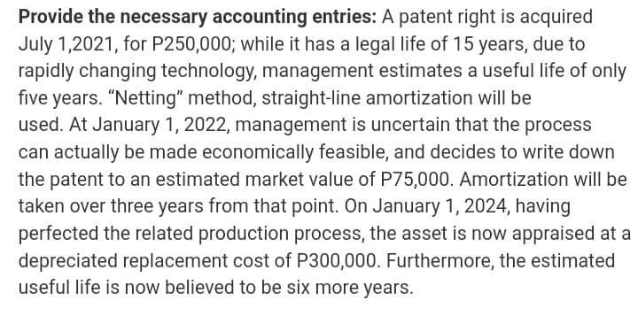 Provide the necessary accounting entries: A patent right is acquired
July 1,2021, for P250,000; while it has a legal life of 15 years, due to
rapidly changing technology, management estimates a useful life of only
five years. "Netting" method, straight-line amortization will be
used. At January 1, 2022, management is uncertain that the process
can actually be made economically feasible, and decides to write down
the patent to an estimated market value of P75,000. Amortization will be
taken over three years from that point. On January 1, 2024, having
perfected the related production process, the asset is now appraised at a
depreciated replacement cost of P300,000. Furthermore, the estimated
useful life is now believed to be six more years.
