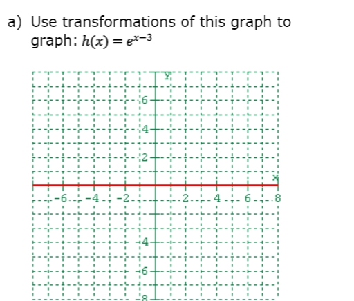 a) Use transformations of this graph to
graph: h(x) = ex-3
-6.-- -4-; -2-
.2
4 -
6--.8
