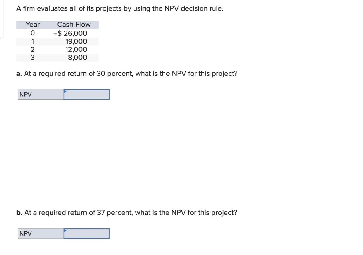 A firm evaluates all of its projects by using the NPV decision rule.
Cash Flow
Year
0
-$ 26,000
1
19,000
2
3
12,000
8,000
a. At a required return of 30 percent, what is the NPV for this project?
NPV
b. At a required return of 37 percent, what is the NPV for this project?
NPV