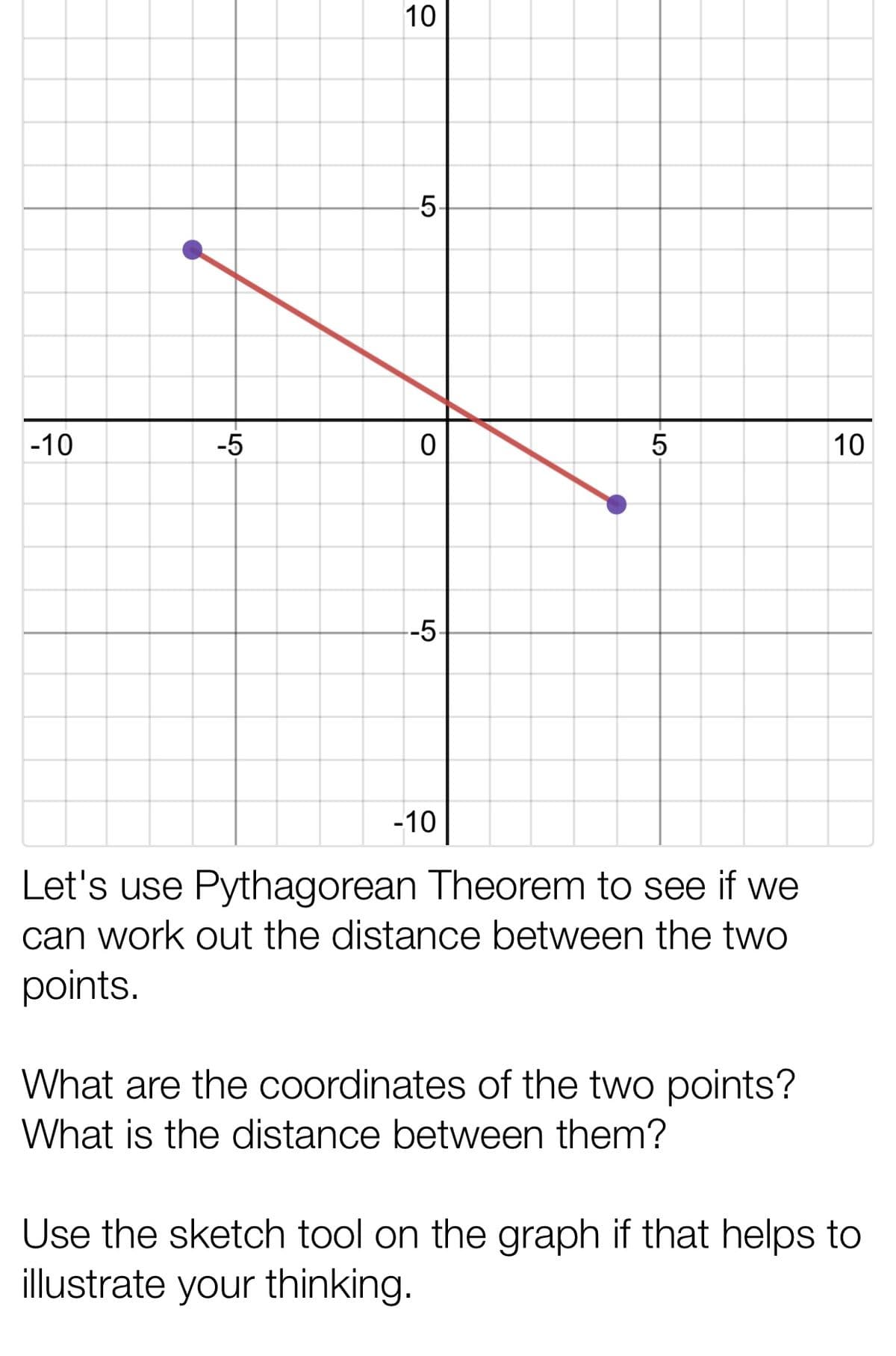 10
-5
-10
-5
5
10
-5
-10
Let's use Pythagorean Theorem to see if we
can work out the distance between the two
points.
What are the coordinates of the two points?
What is the distance between them?
Use the sketch tool on the graph if that helps to
illustrate your thinking.
