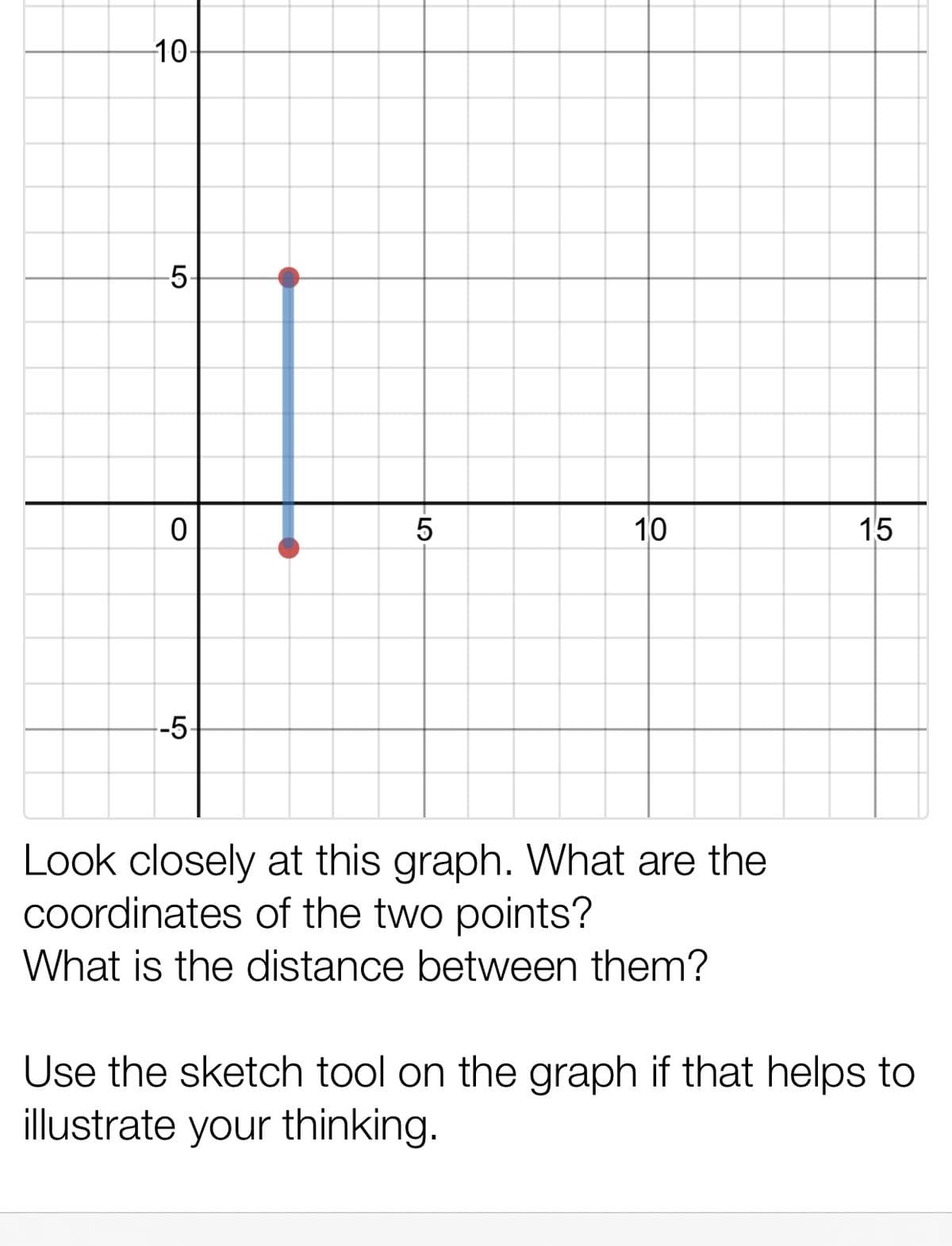 10-
5-
5
10
15
-5-
Look closely at this graph. What are the
Coordinates of the two points?
What is the distance between them?
Use the sketch tool on the graph if that helps to
illustrate your thinking.
LO
