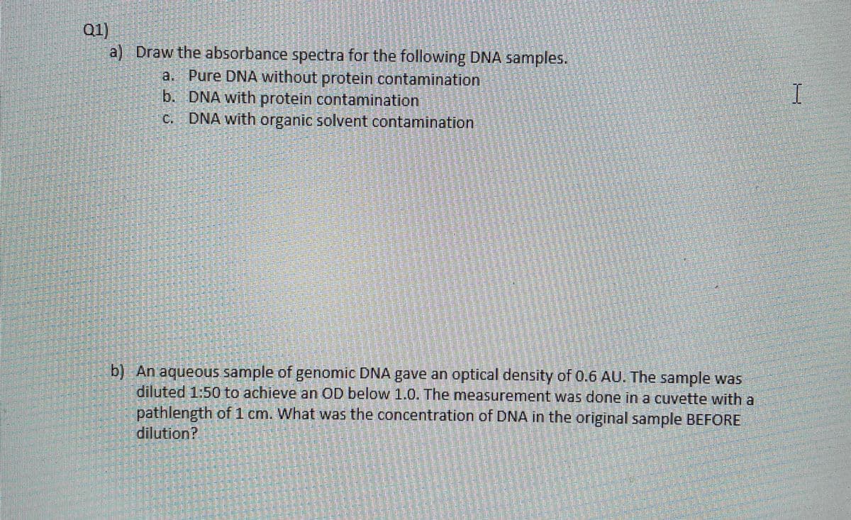 Q1)
a) Draw the absorbance spectra for the following DNA samples.
a. Pure DNA without protein contamination
DNA with protein contamination
b.
c. DNA with organic solvent contamination
b) An aqueous sample of genomic DNA gave an optical density of 0.6 AU. The sample was
diluted 1:50 to achieve an OD below 1.0. The measurement was done in a cuvette with a
pathlength of 1 cm. What was the concentration of DNA in the original sample BEFORE
dilution?
എന്ന് എന്നി
per a
WANANG KASAMA NA
www
in
de for at de er der er en
I