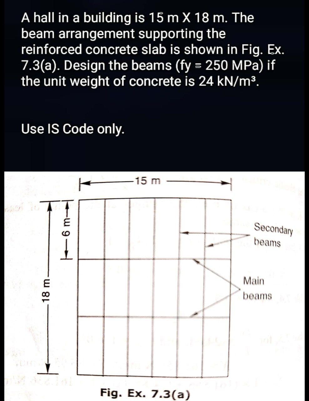 A hall in a building is 15 m X 18 m. The
beam arrangement supporting the
reinforced concrete slab is shown in Fig. Ex.
7.3(a). Design the beams (fy = 250 MPa) if
the unit weight of concrete is 24 kN/m³.
Use IS Code only.
-15 m
Secondary
beams
Main
beams
Fig. Ex. 7.3(a)
