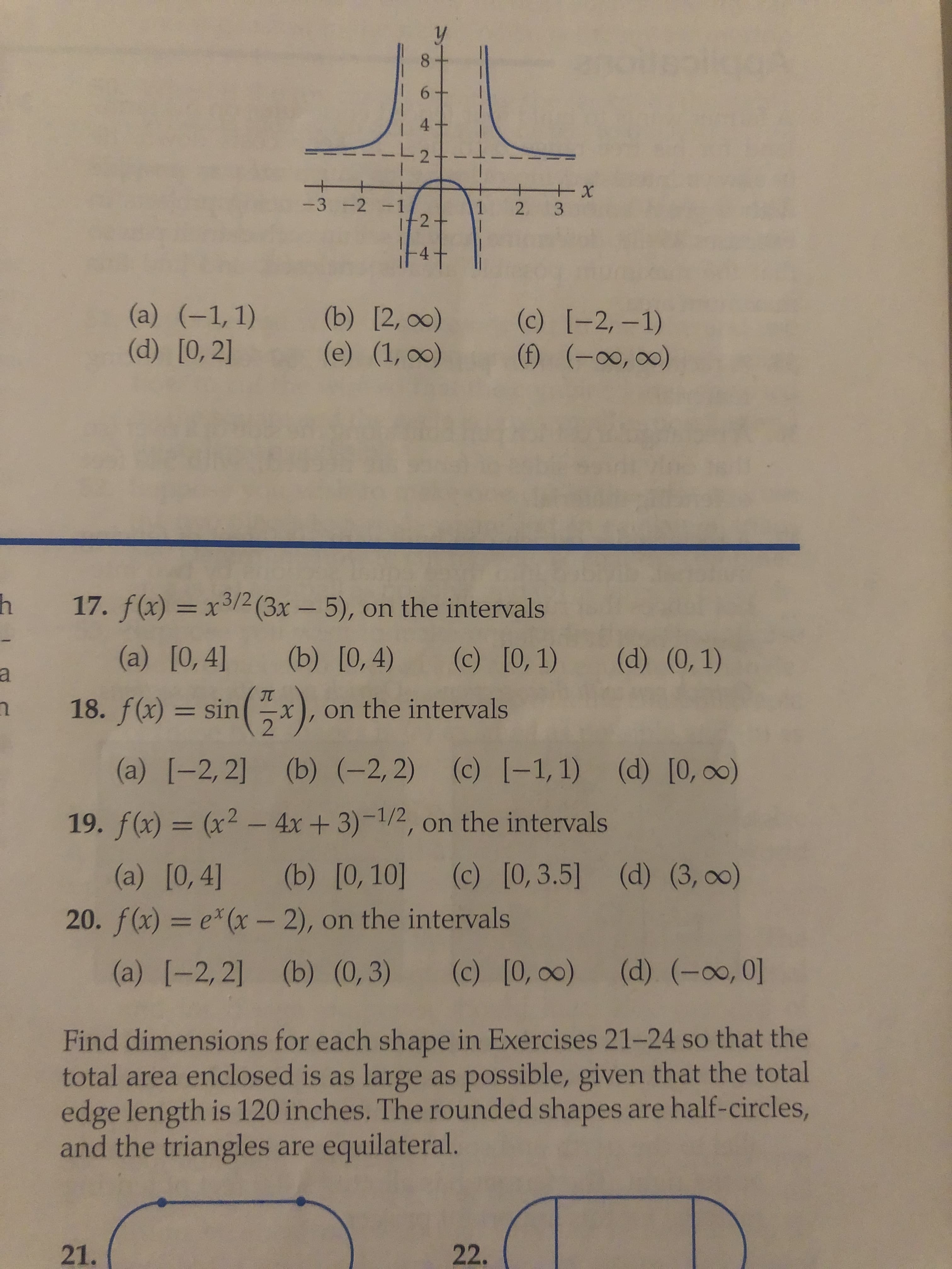 20. f(x) = e*(x- 2), on the intervals
(a) [-2, 2] (b) (0,3)
(c) [0, 00)
(d) (-0o, 0]
