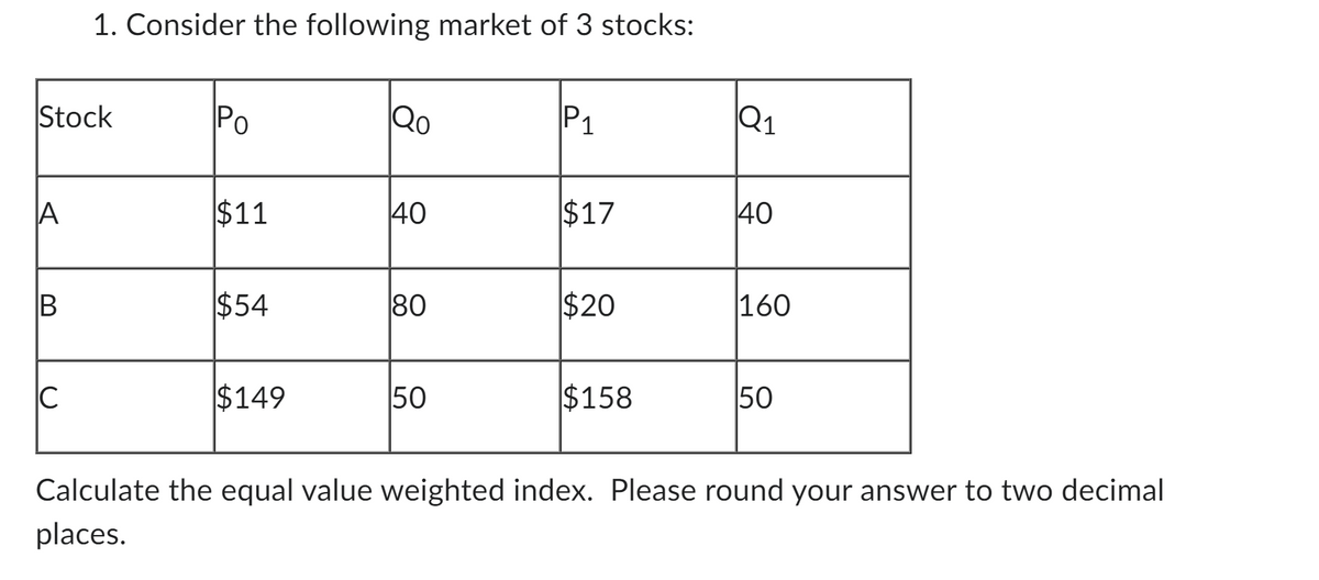 Stock
A
B
1. Consider the following market of 3 stocks:
C
Po
$11
$54
$149
Qo
40
80
50
P₁
$17
$20
$158
Q1
40
160
50
Calculate the equal value weighted index. Please round your answer to two decimal
places.