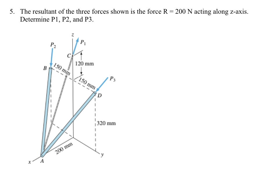 5. The resultant of the three forces shown is the force R = 200 N acting along z-axis.
Determine P1, P2, and P3.
B
A
P2
150 mm
200 mm
P₁
120 mm
150 mm
P3
320 mm