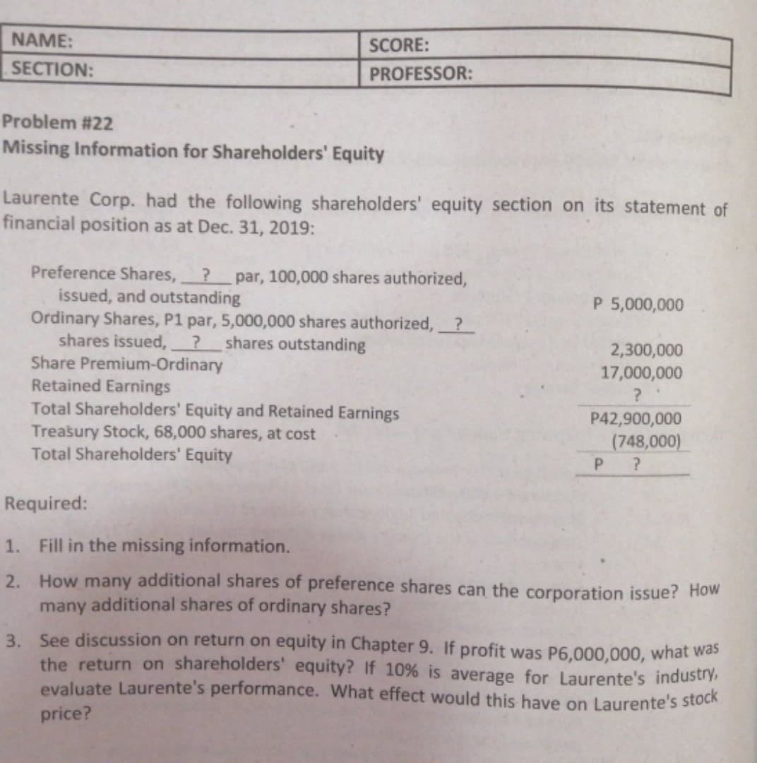 Laurente Corp. had the following shareholders' equity section on its statement of
financial position as at Dec. 31, 2019:
