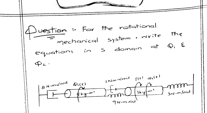 uestion
For the rotational
:-
mechanical
System
• write
the
equations
in
domain
at
AN -ms/rad
INm-slread Tit) polt)
for
3N.m/rad
9N-m rad
जेने कर नयो ०
