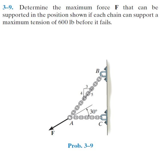 3-9. Determine the maximum force F that can be
supported in the position shown if each chain can support a
maximum tension of 600 lb before it fails.
B
S.
30°
C
F
Prob. 3-9
