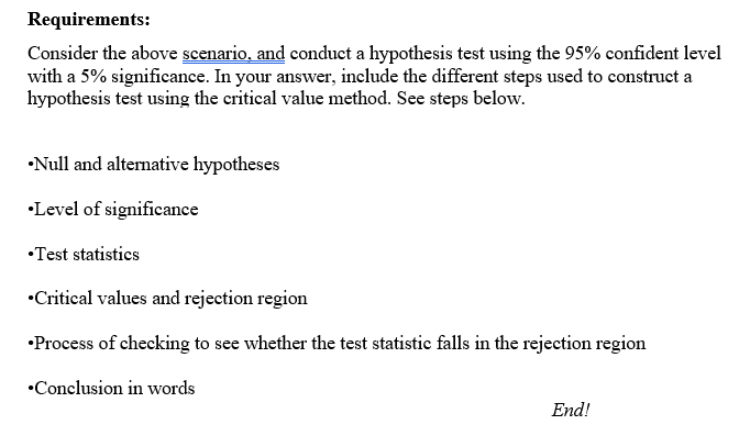Requirements:
Consider the above scenario, and conduct a hypothesis test using the 95% confident level
with a 5% significance. In your answer, include the different steps used to construct a
hypothesis test using the critical value method. See steps below.
•Null and altemative hypotheses
•Level of significance
•Test statistics
•Critical values and rejection region
•Process of checking to see whether the test statistic falls in the rejection region
•Conclusion in words
End!
