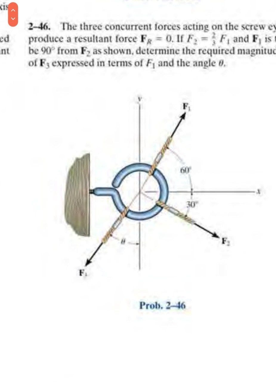 2-46. The three concurrent forces acting on the screw ey
ed
produce a resultant force Fg 0. If F =F, and F, is
nt be 90° from F2 as shown, determine the required magnitud
of F3 expressed in terms of Fi and the angle 0.
30
Prob. 2-46
