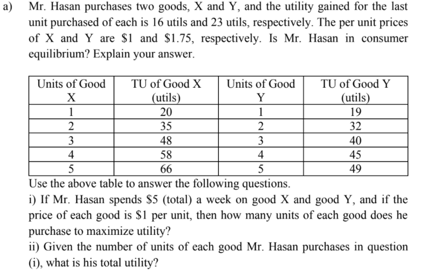 Mr. Hasan purchases two goods, X and Y, and the utility gained for the last
unit purchased of each is 16 utils and 23 utils, respectively. The per unit prices
of X and Y are $1 and $1.75, respectively. Is Mr. Hasan in consumer
equilibrium? Explain your answer.
TU of Good X
(utils)
Units of Good
Units of Good
TU of Good Y
X
Y
(utils)
1
20
1
19
35
32
3
48
3
40
4
58
4
45
5
66
5
49
Use the above table to answer the following questions.
i) If Mr. Hasan spends $5 (total) a week on good X and good Y, and if the
price of each good is $1 per unit, then how many units of each good does he
purchase to maximize utility?
ii) Given the number of units of each good Mr. Hasan purchases in question
(i), what is his total utility?
