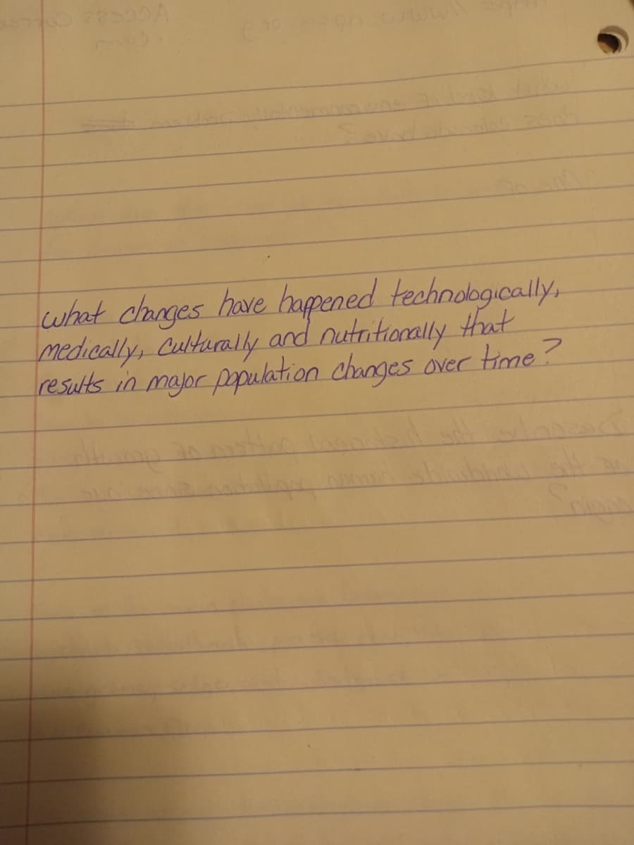 22500A
what changes have happened technologically,
medically, Culturally and nutritionally that
results in major population changes over time?