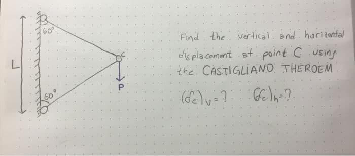 60⁰
Find the vertical and horizontal
displacement at point C.using.
the CASTIGLIANO THEROEM
(de) v = ? 6 ) n = ??