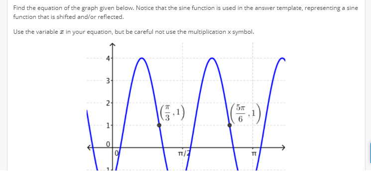 Find the equation of the graph given below. Notice that the sine function is used in the answer template, representing a sine
function that is shifted and/or reflected.
Use the variable z in your equation, but be careful not use the multiplication x symbol.
3
5x
1-
TT
2.
