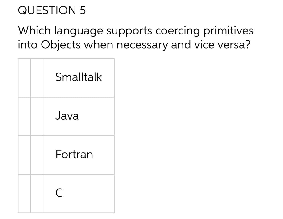 QUESTION 5
Which language supports coercing primitives
into Objects when necessary and vice versa?
Smalltalk
Java
Fortran
C
