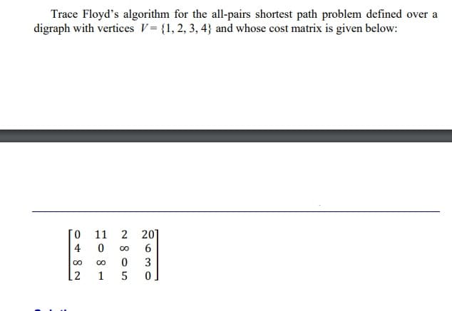 Trace Floyd's algorithm for the all-pairs shortest path problem defined over a
digraph with vertices V= {1, 2, 3, 4) and whose cost matrix is given below:
11
0482
081
2805
2630
201