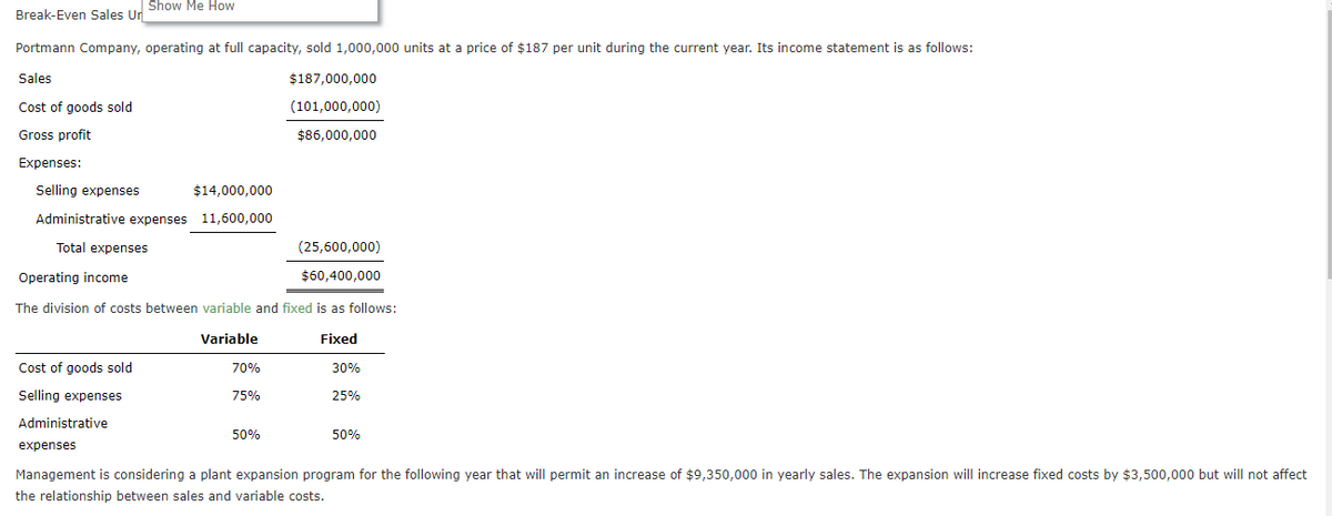 Break-Even Sales Ud Show Me How
Portmann Company, operating at full capacity, sold 1,000,000 units at a price of $187 per unit during the current year. Its income statement is as follows:
Sales
$187,000,000
Cost of goods sold
(101,000,000)
Gross profit
$86,000,000
Expenses:
Selling expenses
$14,000,000
Administrative expenses 11,600,000
Total expenses
(25,600,000)
Operating income
$60,400,000
The division of costs between variable and fixed is as follows:
Variable
Fixed
Cost of goods sold
70%
30%
Selling expenses
75%
25%
Administrative
50%
50%
expenses
Management is considering a plant expansion program for the following year that will permit an increase of $9,350,000 in yearly sales. The expansion will increase fixed costs by $3,500,000 but will not affect
the relationship between sales and variable costs.
