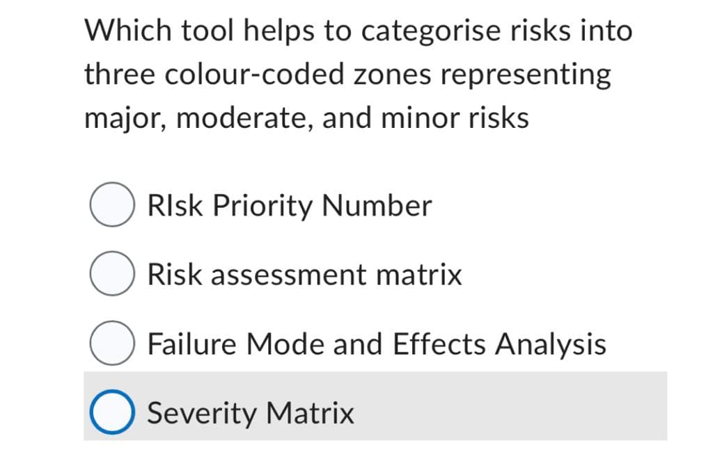 Which tool helps to categorise risks into
three colour-coded zones representing
major, moderate, and minor risks
Risk Priority Number
Risk assessment matrix
Failure Mode and Effects Analysis
O Severity Matrix