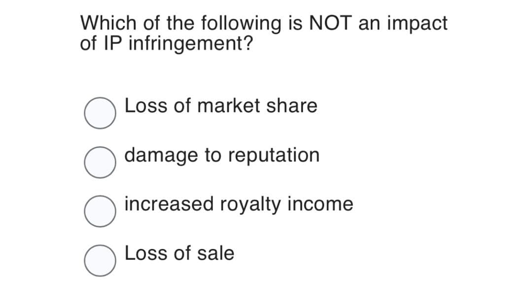 Which of the following is NOT an impact
of IP infringement?
O
Loss of market share
damage to reputation
increased royalty income
Loss of sale