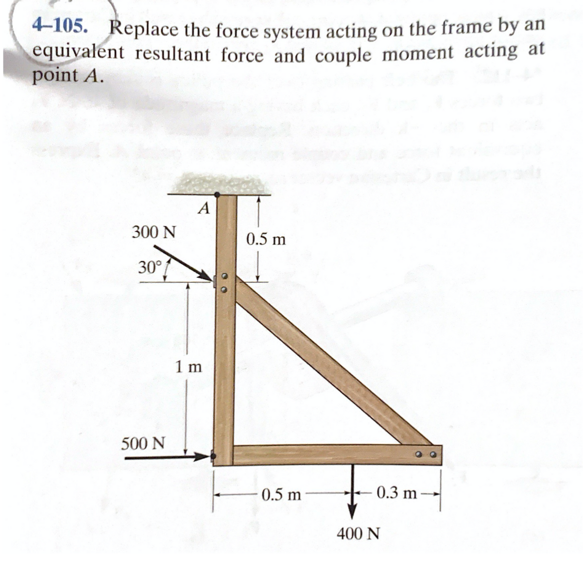 4-105. Replace the force system acting on the frame by an
equivalent resultant force and couple moment acting at
point A.
A
300 N
0.5 m
30°
1 m
500 N
0.5 m
0.3 m
400 N
