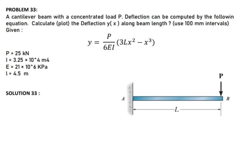 PROBLEM 33:
A cantilever beam with a concentrated load P. Deflection can be computed by the followin
equation. Calculate (plot) the Deflection y( x) along beam length ? (use 100 mm intervals)
Given :
y =
(3Lx² – x³)
6EI
P- 25 kN
| = 3.25 x 10^4 m4
E = 21 x 10*6 KPa
[ = 4.5 m
SOLUTION 33 :
B
-L

