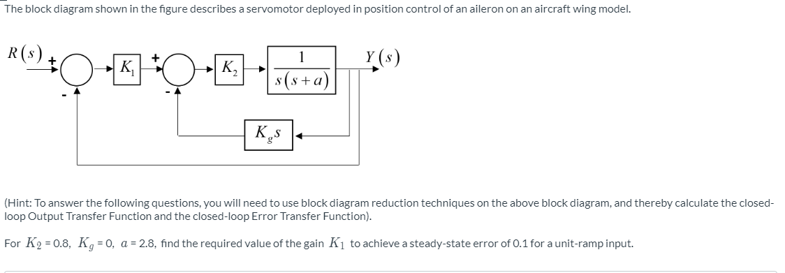 The block diagram shown in the figure describes a servomotor deployed in position control of an aileron on an aircraft wing model.
1
R(s) ,
→ K,
H K,►
s(s + a)
- 4
K
(Hint: To answer the following questions, you will need to use block diagram reduction techniques on the above block diagram, and thereby calculate the closed-
loop Output Transfer Function and the closed-loop Error Transfer Function).
For K2 = 0.8, Kg = 0, a = 2.8, find the required value of the gain K1 to achieve a steady-state error of 0.1 for a unit-ramp input.
