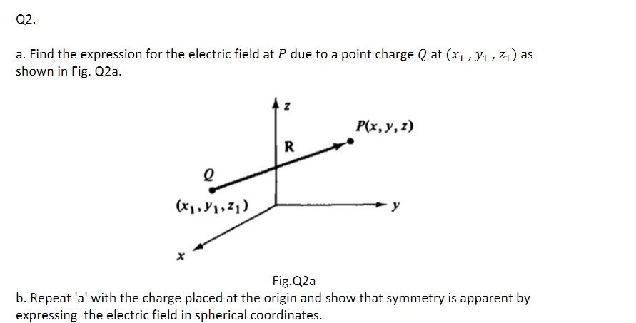 Q2.
a. Find the expression for the electric field at P due to a point charge Q at (x1,y₁, Z₁) as
shown in Fig. Q2a.
P(x, y, z)
R
е
(x2)
Fig.Q2a
b. Repeat 'a' with the charge placed at the origin and show that symmetry is apparent by
expressing the electric field in spherical coordinates.