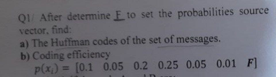 Q1/ After determine E to set the probabilities source
vector, find:
a) The Huffman codes of the set of messages.
b) Coding efficiency
p(x) = [0.1 0.05 0.2 0.25 0.05 0.01 F]