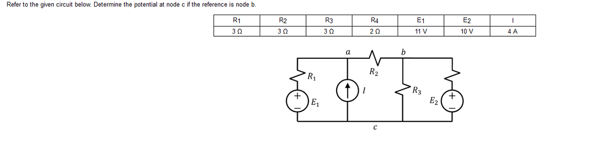 Refer to the given circuit below. Determine the potential at node c if the reference is node b.
R1
R2
R3
R4
E1
E2
3Ω
3Ω
20
11 V
10 V
4 A
a
b
R2
* R1
R3
E2
E1
