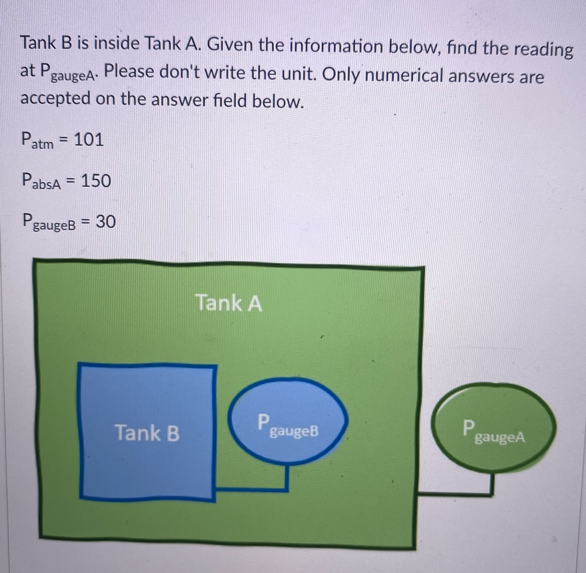 Tank B is inside Tank A. Given the information below, find the reading
at P
gaugeA-
Please don't write the unit. Only numerical answers are
accepted on the answer field below.
Patm = 101
PabsA = 150
%3D
%3D
gaugeB = 30
Tank A
Tank B
P.
PgaugeA
gaugeB
