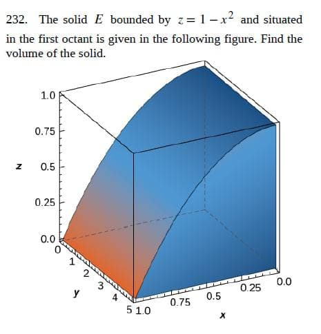 232. The solid E bounded by z=1-x² and situated
in the first octant is given in the following figure. Find the
volume of the solid.
1.0 P
0.0
N
0.75
0.5
0.25
0.0
23
Y
51.0
0.5
0.75
X
0.25