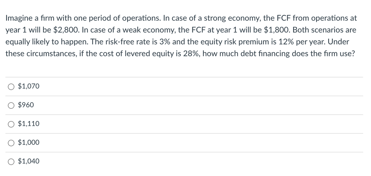 Imagine a firm with one period of operations. In case of a strong economy, the FCF from operations at
year 1 will be $2,800. In case of a weak economy, the FCF at year 1 will be $1,800. Both scenarios are
equally likely to happen. The risk-free rate is 3% and the equity risk premium is 12% per year. Under
these circumstances, if the cost of levered equity is 28%, how much debt financing does the firm use?
$1,070
$960
$1,110
$1,000
O $1,040