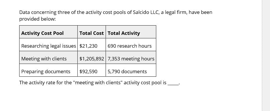 Data concerning three of the activity cost pools of Salcido LLC, a legal firm, have been
provided below:
Activity Cost Pool
Total Cost Total Activity
Researching legal issues $21,230
690 research hours
Meeting with clients
$1,205,892 7,353 meeting hours
Preparing documents
$92,590
5,790 documents
The activity rate for the "meeting with clients" activity cost pool is.
