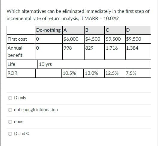 Which alternatives can be eliminated immediately in the first step of
incremental rate of return analysis, if MARR = 10.0%?
Do-nothing A
B
C
D
First cost
10
$6,000
$4,500 $9,500 $9,500
Annual
0
998
829
1,716
1,384
benefit
Life
10 yrs
ROR
10.5%
13.0% 12.5%
7.5%
D only
not enough information
попе
D and C