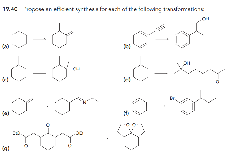 19.40 Propose an efficient synthesis for each of the following transformations:
۵-۵
۵-۵۰
(a)
(c)
(e)
(9)
EtO.
OEt
می شود
(b)
لمه mo-od
ه - هل
(d)
OH
OH
(f)