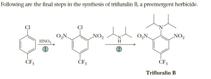 Following are the final steps in the synthesis of trifluralin B, a preemergent herbicide.
CI
CI
`N'
O,N.
NO,
O,N,
NO2
HNO,
CF3
ČF3
CF 3
Trifluralin B
