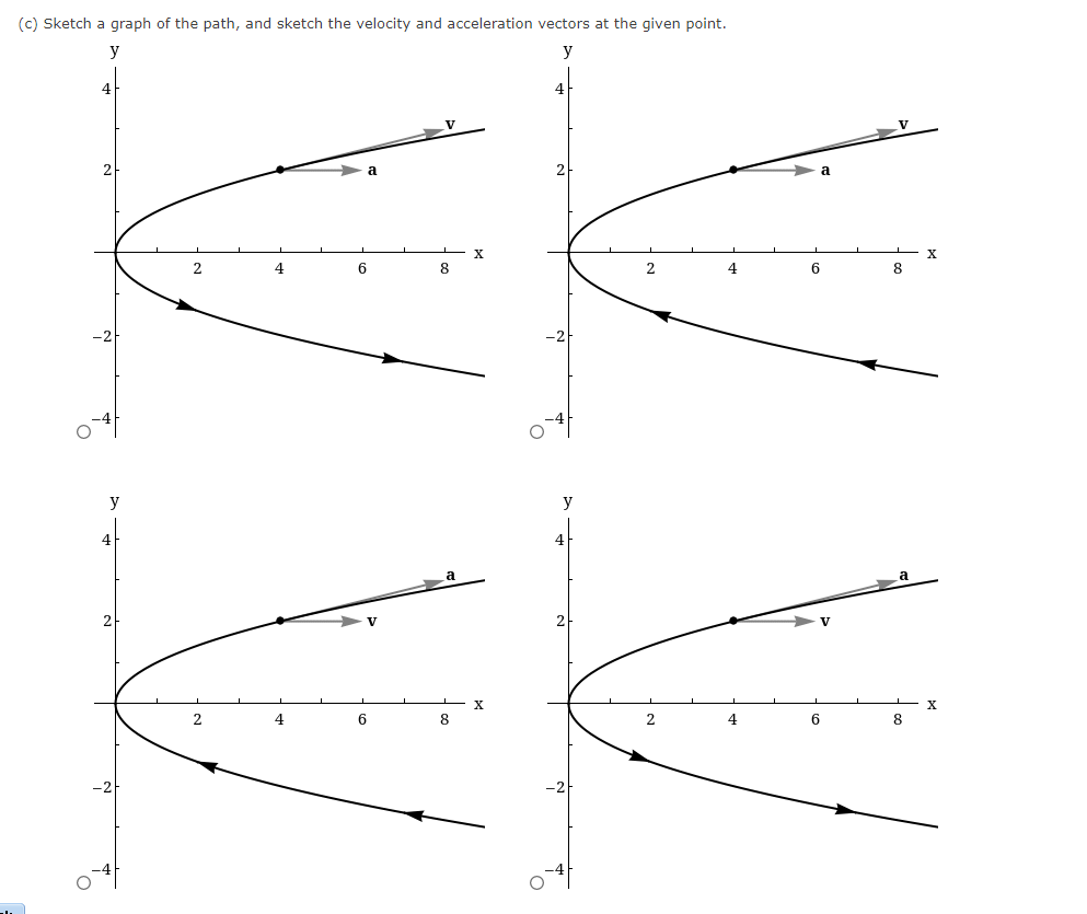 (c) Sketch a graph of the path, and sketch the velocity and acceleration vectors at the given point.
y
4
y
4
2
2
4
4
6
6
8
8
X
X
4
y
2
2
4
4
6
6
8
8
X
X