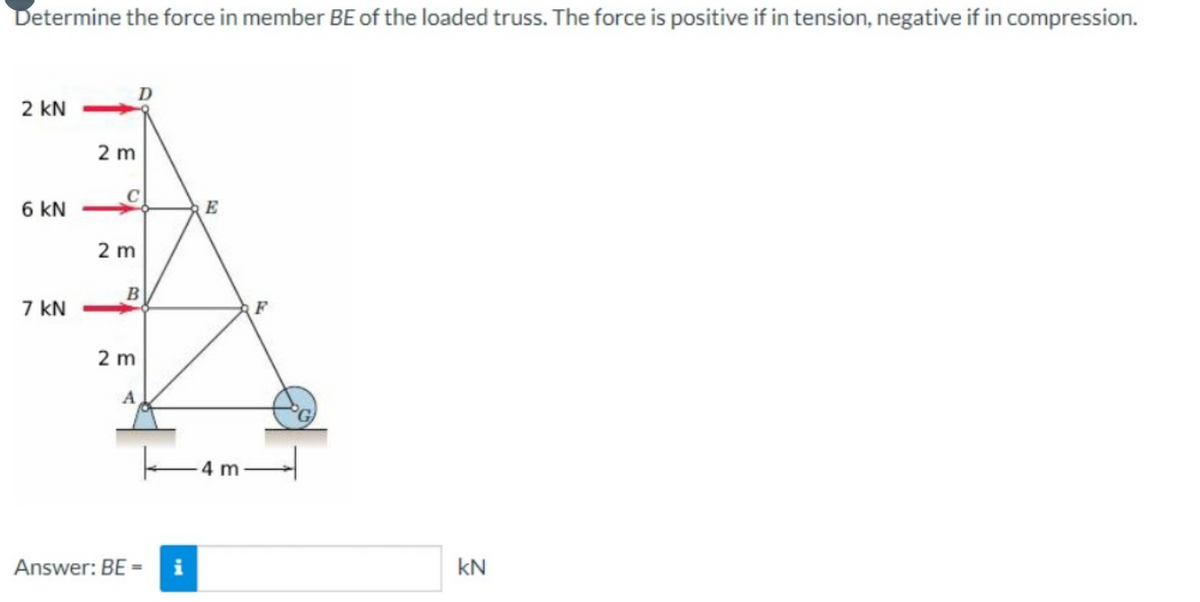 Determine the force in member BE of the loaded truss. The force is positive if in tension, negative if in compression.
2 KN
6 KN
7 kN
2 m
2 m
B
2 m
A
Answer: BE = i
E
-4 m
F
kN