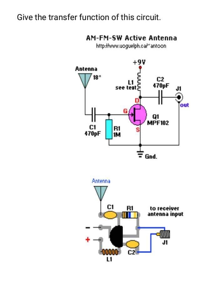 Give the transfer function of this circuit.
AM-FM-SW Active Antenna
http://www.uoguelph.calantoon
Antenna
18"
C1
470pF
Antenna
R1
1M
C1
+9V
L1
see text
R1
D
S
00000 C2
L1
+
C2
470pF
Q1
MPF102
Gnd.
Tout
to receiver
antenna input
J1