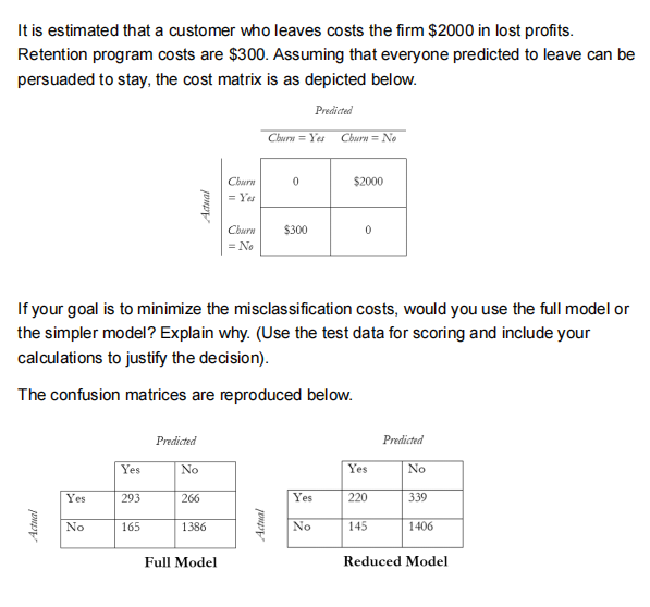 It is estimated that a customer who leaves costs the firm $2000 in lost profits.
Retention program costs are $300. Assuming that everyone predicted to leave can be
persuaded to stay, the cost matrix is as depicted below.
Predicted
Actual
Yes
No
Yes
293
165
Predicted
Actual
No
If your goal is to minimize the misclassification costs, would you use the full model or
the simpler model? Explain why. (Use the test data for scoring and include your
calculations to justify the decision).
The confusion matrices are reproduced below.
266
1386
Churn
= Yes
Full Model
Churn
= No
Churn = Yes
Actual
0
$300
Yes
Churn = No
No
$2000
0
Yes
220
145
Predicted
No
339
1406
Reduced Model
