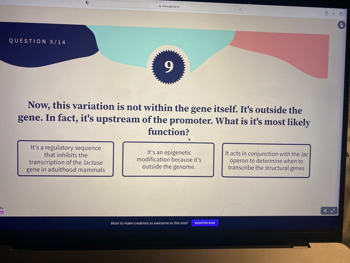 ly
on
QUESTION 9/14
view.genial.ly
It's a regulatory sequence
that inhibits the
transcription of the lactase
gene in adulthood mammals
9
Now, this variation is not within the gene itself. It's outside the
gene. In fact, it's upstream of the promoter. What is it's most likely
function?
It's an epigenetic
modification because it's
outside the genome.
Want to make creations as awesome as this one?
REGISTER NOW
It acts in conjunction with the lac
operon to determine when to
transcribe the structural genes
u