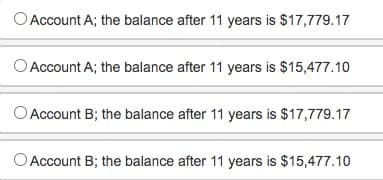 Account A; the balance after 11 years is $17,779.17
Account A; the balance after 11 years is $15,477.10
Account B; the balance after 11 years is $17,779.17
Account B; the balance after 11 years is $15,477.10