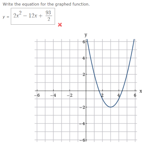 Write the equation for the graphed function.
93
2
y =
2x²_ - 12x +
-6
-4
X
-2
y
2
-2
-4
61
4/
6
24
X