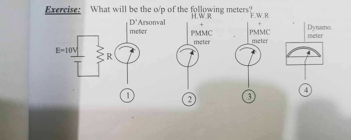 Exercise: What will be the o/p of the following meters?
F.W.R
H.W.R
D'Arsonval
Dynamo.
meter
PMMC
PMMC
meter
meter
meter
E=10V
1)
2)
3
