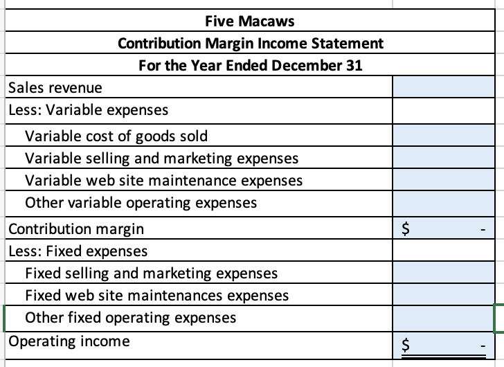 Five Macaws
Contribution Margin Income Statement
For the Year Ended December 31
Sales revenue
Less: Variable expenses
Variable cost of goods sold
Variable selling and marketing expenses
Variable web site maintenance expenses
Other variable operating expenses
Contribution margin
Less: Fixed expenses
Fixed selling and marketing expenses
$
Fixed web site maintenances expenses
Other fixed operating expenses
Operating income
$
%24
